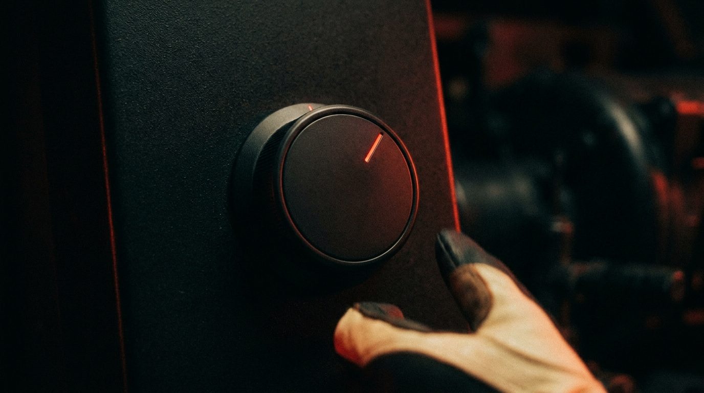 A dark unmarked control dial with a single glowing red indicator line turned toward its highest setting