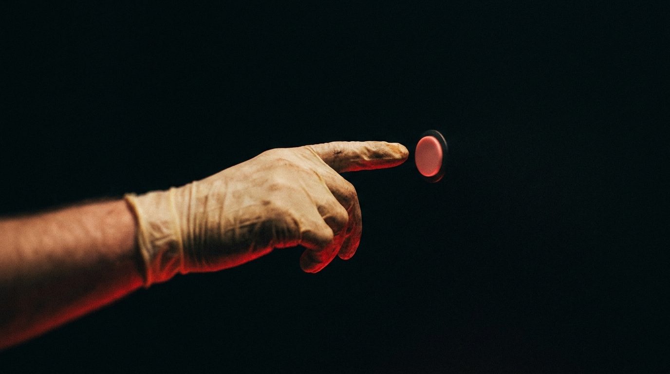 A gloved hand's finger about to tap a single blank glowing red circular call button suspended in dark space, no text or numerals visible