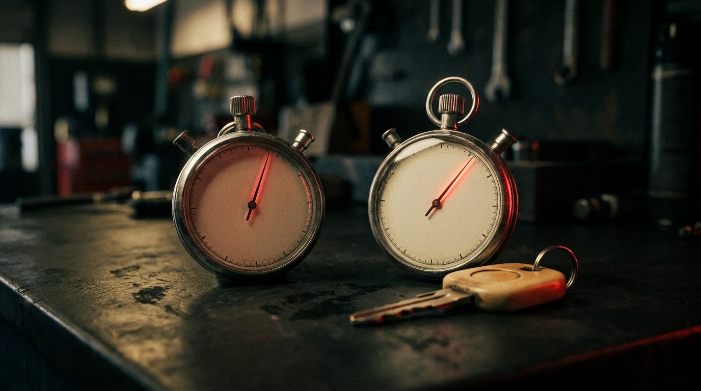 A stopwatch with a glowing red second hand beside a single car key on a dark counter