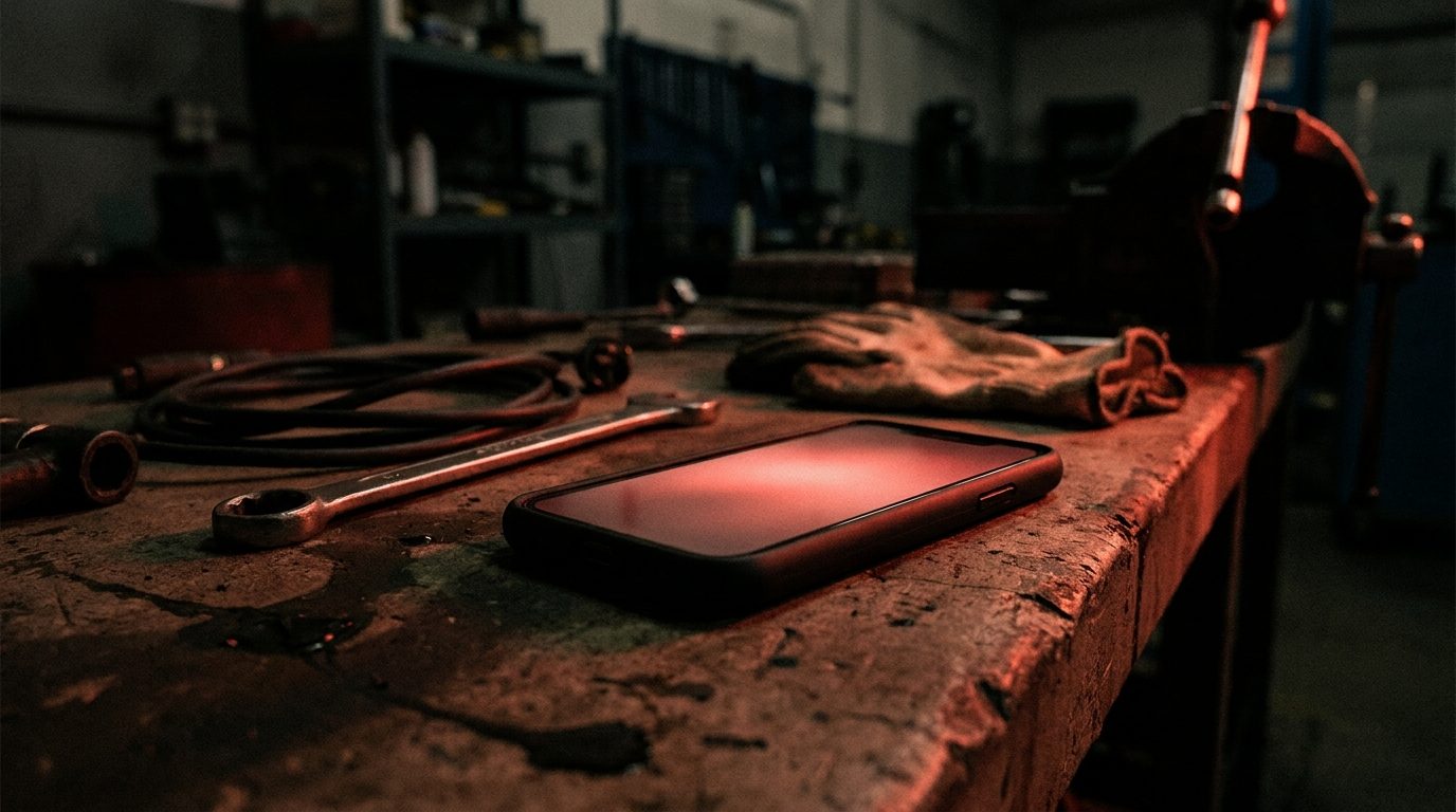 Phone lighting up with a red glow on a dark garage counter at night